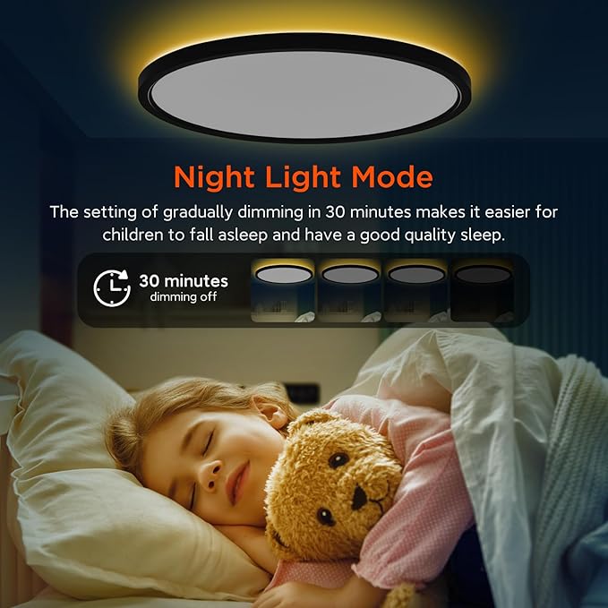 TALOYA Flush Mount Ceiling Light with Remote,3000K-6500K Adjustable,2000K Nightlight,15.8 Inch, Led Low Profile Ceiling Lights for Bedroom, Living Room, Kitchen, Black