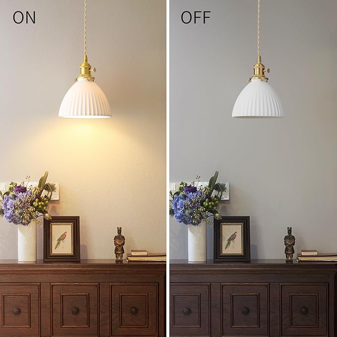 White Ceramic Pendant Lights Kitchen Island Brushed Brass Dome-Shaped Lampshade Modern Minimalist Industrial Hanging Light Fixture for Living Room Bedroom Dining Room Over Table