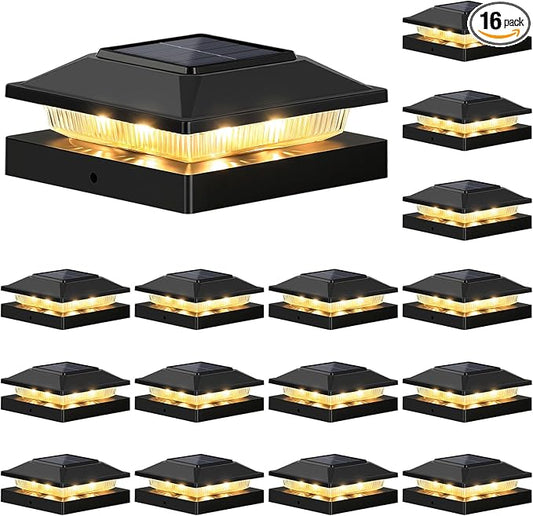 Brightever 4x4 3.5x3.5 Solar Post Cap Lights 16-Pack, Outdoor Solar Powered Fence Post Lights, Black Solar Waterproof Deck Post Lights for Vinyl/Wood Posts, Warm/Cool White, Perfect for Garden Patio