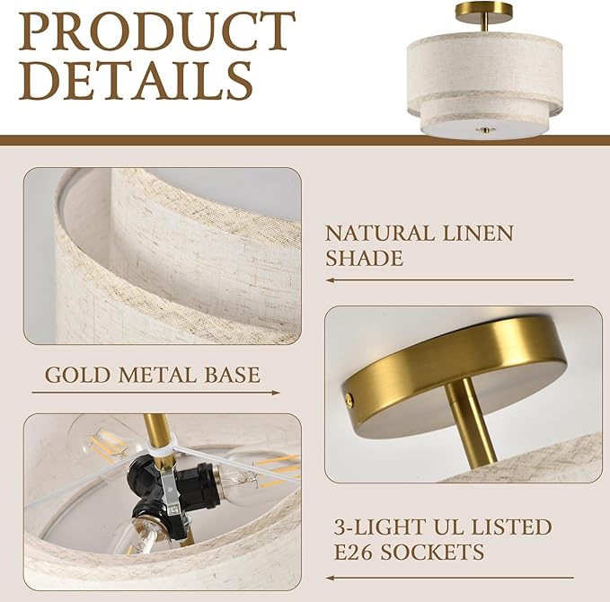 Semi Flush Mount Ceiling Light Fixture,12.6'' Gold Light Fixtures Ceiling Mount, Gold Drum lamp Close to Ceiling Light with 2-Layer Linen Shade, Ceiling Lights for Bedroom Hallway Living Room