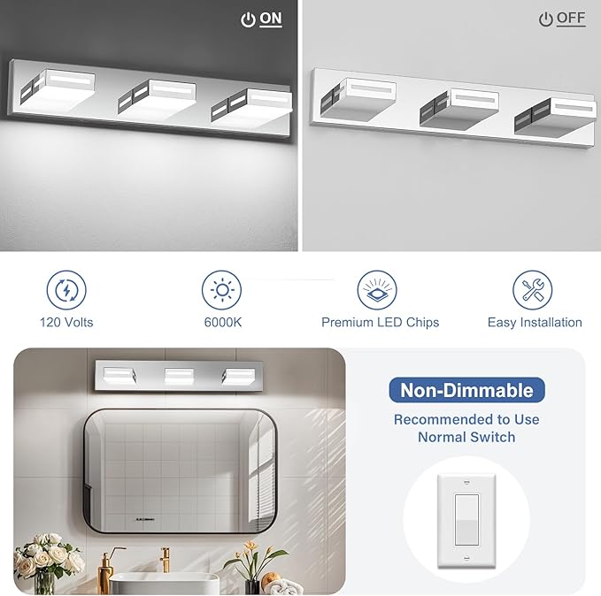 LED Modern Bathroom Light Fixtures, 3-Light 24-Inch Chrome Vanity Lights for Bathroom Lighting Fixtures Over Mirror, 6000K Cool White 350° Rotatable Wall Lamp