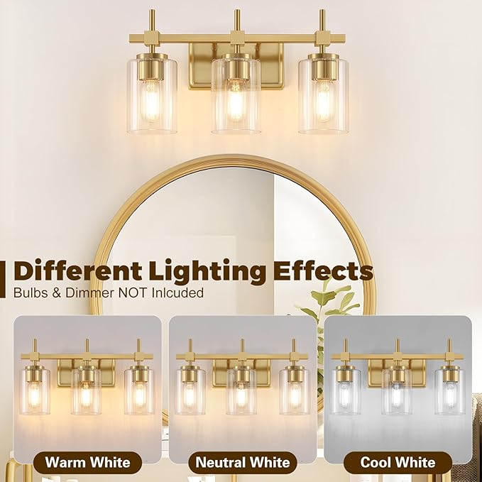 Asnxcju 3-Light Brushed Gold Bathroom Light Fixtures, Modern Gold Vanity Lights with Clear Textured Glass Shades for Mirror, Bathroom Wall Sconces Lighting for Kitchen Living Room Hallway Porch