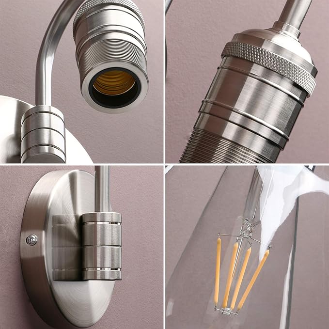 Yosoan 1-Light Brass Modern Vintage Indoor Wall Sconce, Vanity Single Luxury Hardwired Retro Textured Clear Oval Cone Glass Shade with Industrial Curved Rod Bathroom Lamp(Brushed)