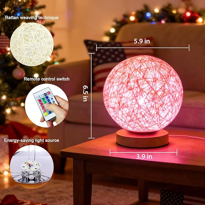 2-Pack 16 Colors RGB Modern Rattan Woven Table Lamp, Bedside Lamps Remote Control Dimmable, Boho Wicker Bamboo Woven Nightstand Desk Lamp for Bedrooms Living Rooms Desks Office Vintage Lamp