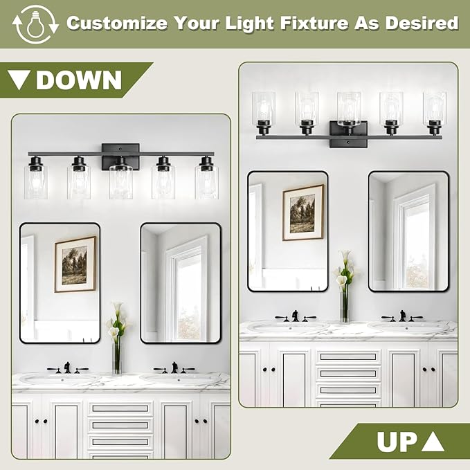 Unicozin Modern Bathroom Light Fixtures, 5 Light Vanity Lights Over Mirror, Black Wall Lamp with Clear Glass for Living Room Cabinet Bedroom Porch