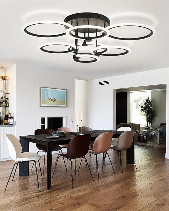 Modern LED Ceiling Light 7 Rings Dimmable Fixtures with Remote Black Close to Ceiling Light 31.8" 130W 3000K-6500K Flush Mount Ceiling Lamp for Living Room,Bedroom,Kitchen