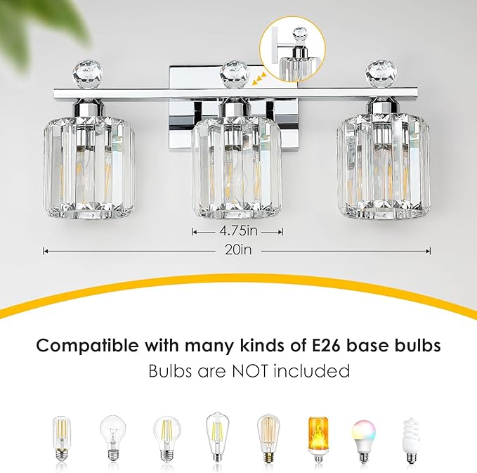 Crystal Bathroom Lighting Fixtures Over Mirror, 3 Light Chrome Brushed Nickel Vanity Light, Modern Bath Wall Sconce Lighting for Bedroom Living Room