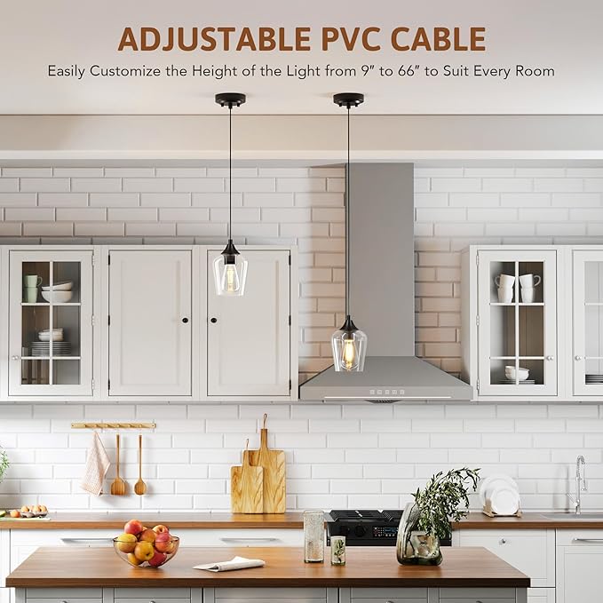 VONLUCE Pendant Lights Kitchen Island, Matte Black Pendant Light Fixtures with E26 Base & Adjustable Cable, Modern Pendant Lighting with Glass Shade for Living Room Bedroom Hallway, 2 Packs