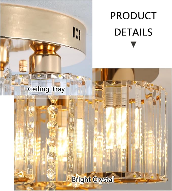 Gold Glam Chandelier Crystal Ceiling Light for Bedroom Lighting Fixtures LED Drum Light for Dining Room Kitchen Entrway Foyer Crystal Pendant Drops Light