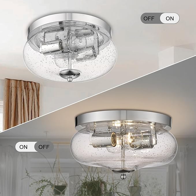 Darkaway Ceiling Light Fixtures Flush Mount Indoor Outdoor Ceiling Light with Seeded Glass Shade for Hallway Kitchen Bedroom Porch Living Room Dining Room Chrome Finish