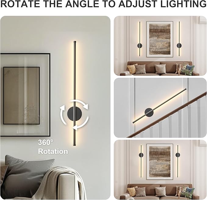 Battery Operated Modern Wall Sconces Set of Two,Rechargeable Wireless Wall Lights with Remote Control,Dimmable,3CCT,Timer,360°Rotation,Cordless Lighting for Bedroom,Living Room,Hallway,Black,27.6 Inch