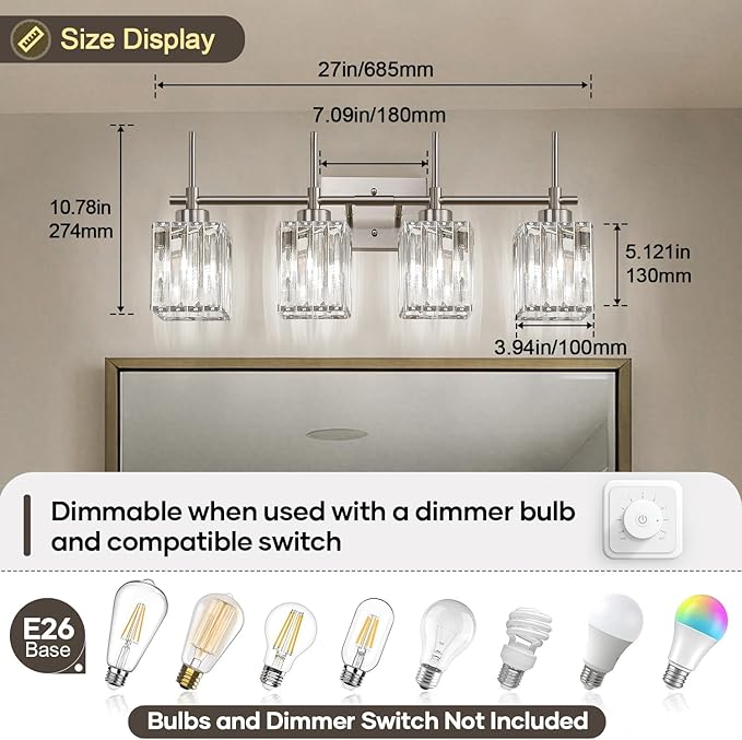 Torondo Modern Crystal Bathroom Vanity Light 4-Light Brushed Nickel Bathroom Light Fixtures Over Mirror Vanity Lighting Fixtures Square Shade Brass Wall Sconce (Bulbs Not Include)