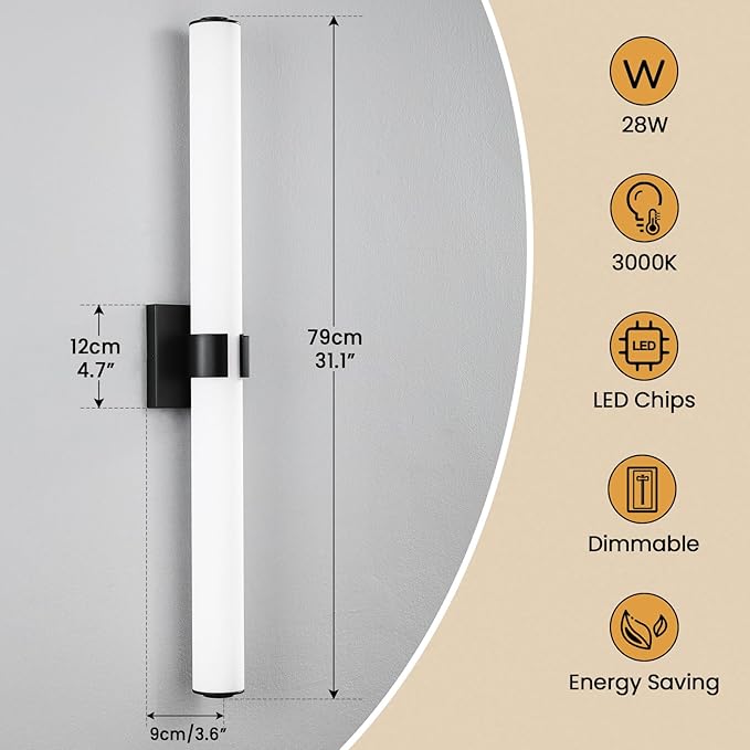 AIJIASI Black Bathroom Vanity Light Fixtures, 31 inch Modern Bathroom Light Fixtures Over Mirror Sconce Lighting 28W 3000K LED Dimmable Vanity Light Bar for Mirror Bedroom Living Room