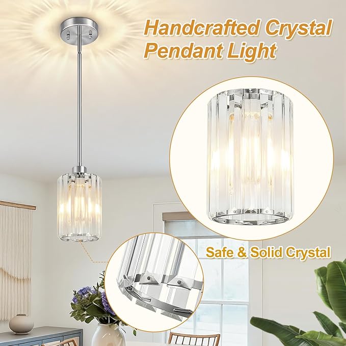 3 Pack Brushed Nickel Pendant Lights Kitchen Island, Modern Crystal Chandelier Kitchen Pendant Lighting Over Island, Adjustable Hanging Mini Light Fixtures for Dining Room Hallway Corridor Bedroom