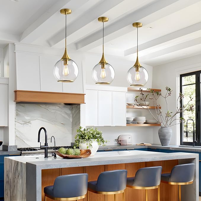 Pendant Lights Kitchen Island: 3 Pack Gold Light Fixture Modern with Clear Glass - 10 Inch Mid Century Globe Kitchen Lighting Fixtures Ceiling for Foyer Bedroom