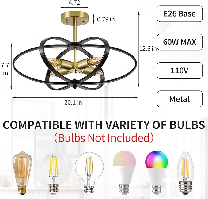 Semi Flush Mount Ceiling Light Chandelier 20'' Black and Gold Modern Light Fixtures Ceiling 4-Light Farmhouse Chandelier Style Flower Shape for Bedroom,Kitchen,Porch,Hallway