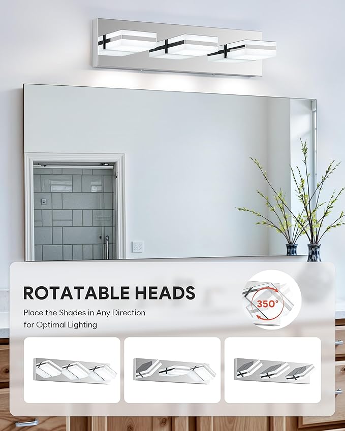 VONLUCE Bathroom Vanity Light Fixture, 3-Light Modern LED Vanity Lights, 3CCT Adjustable Bathroom Light with Memory Function Rotatable Shades, 18" Wall Lighting Fixture Over Mirror, Chrome