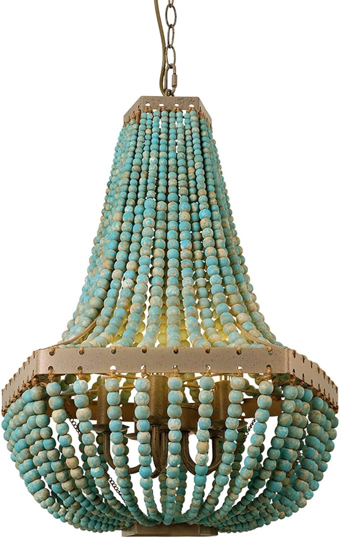 Newrays Wood Bead Chandelier Pendant Gray Blue Finishing Bohemian Boho Beachy Ceiling Lamp Light Fixtures (18.89 in*24.40 in)