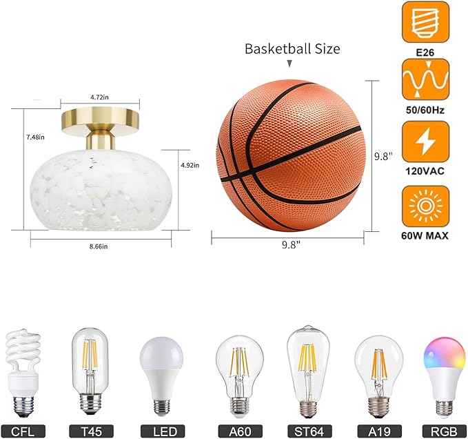 FRIDEKO HOME Glass Ceiling Light - Farmhouse Hallway Lighting Fixtures Ceiling Semi Flush Mount Ceiling Light Fixture for Kitchen Bathroom Entryway Porch (White Cloud-8.66 inch)