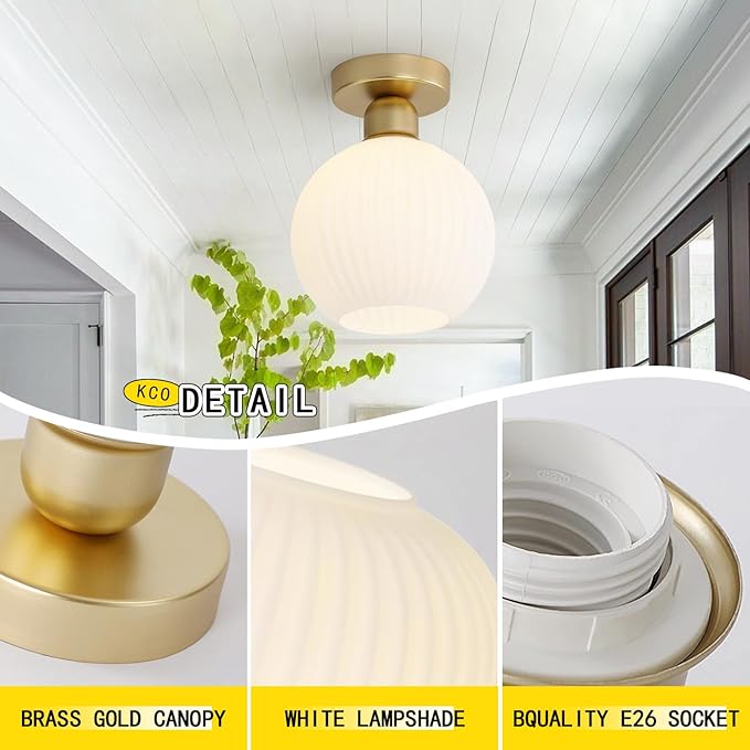 KCO Lighting Small Antique Brass Flush Mount Ceiling Light White Ribbed Glass Ceiling Fixture Mid Century Modern Semi Flush Mount Milk Glass Globe Light