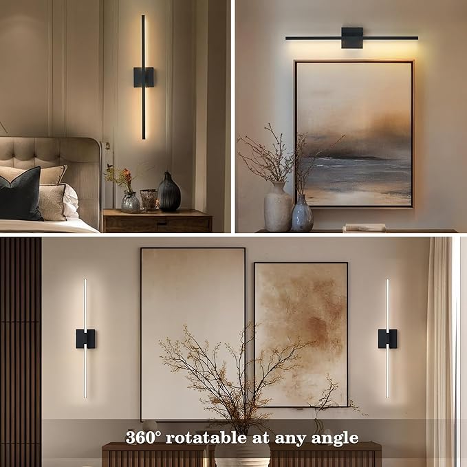 KARTOOSH 28.3 Inch Battery Operated Wireless Wall Sconce, 360° Rotatable Detachable Modern Wall Lamp with Remote Control Stepless Dimmable 3000K-6000K LED Light for Bedroom, Living Room Gallery Black
