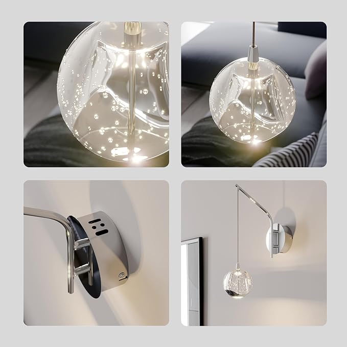 13" Chrome Hanging Wall Sconce Vintage, Integrated LED Bubble Glass Globe, Modern Art Deco Hanging Wall Light for Bedroom, Living Room and Bathroom, Silver, 3000K Warm White, Hardwired