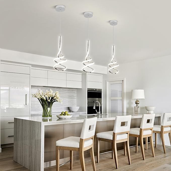 EIDISUNY Modern Pendant Light, Spiral LED Pendant Light Fixture, 4500K LED Hanging Lamp, Chrome Chandelier Lights Fixture, 20W Adjustable Pendant Light for Kitchen Island, Dining Room, Bedroom,1 Pack