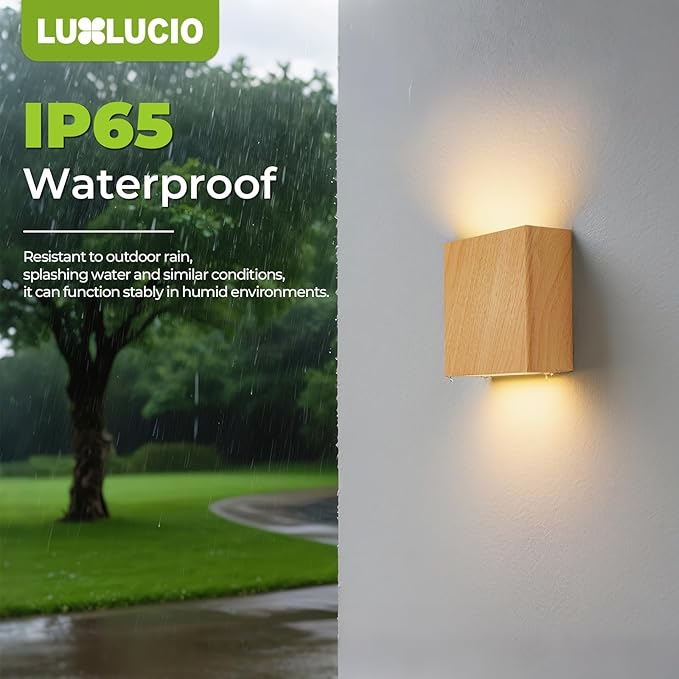 Natural Wood Grain Indoor Outdoor Up and Down Wall Sconce, 5%-100% Dimmable 18W, 5CCT (2700K-5000K), Modern Lighting for Living Room/Porch, CRI90+, 120V-277V, ETL FCC Certified