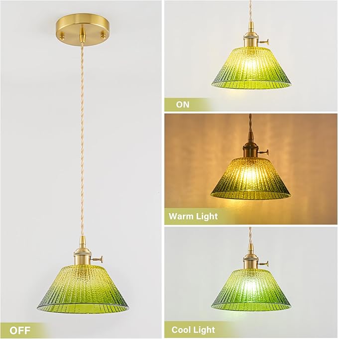 Vintage Pendant Lights Kitchen Island 3 Pack, Adjustable Brass Pendant Light Fixtures with Gradient Green Glass Shade, Gold Kitchen Pendant Lighting Over Island, Pendant Light for Dining Room Hallway