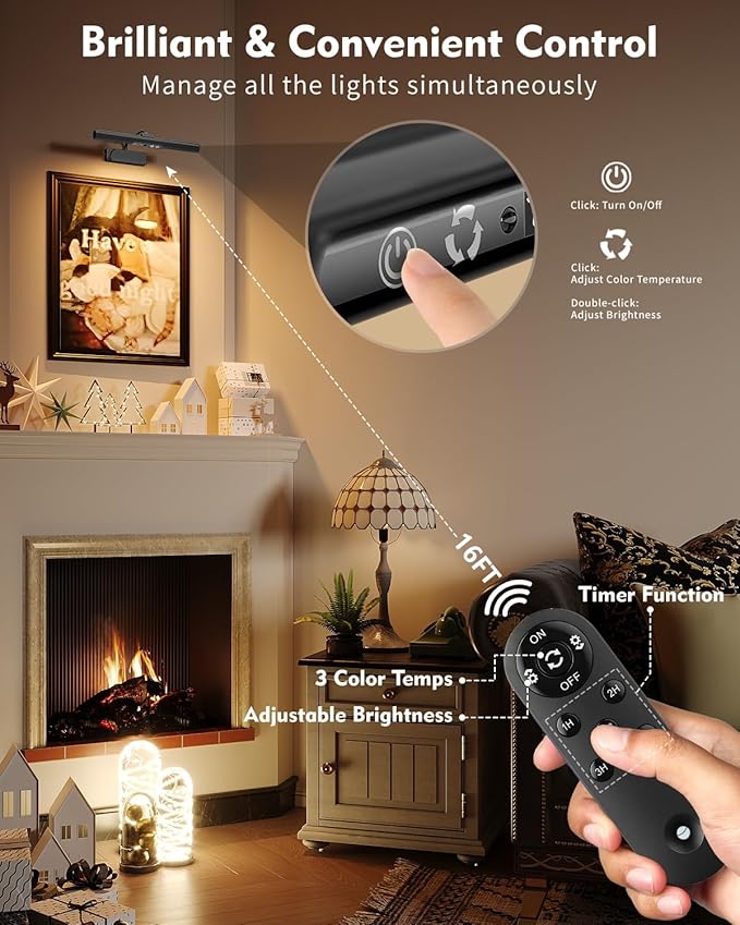 Skairipa Picture Light for Wall, 6000mAh Rechargeable Wireless Wall Lights, 13'' Dimmable Remote Magnetic LED Art Painting Light with 3 Color Temps, Display for Gallery, Living Room (Black, 2Pack)