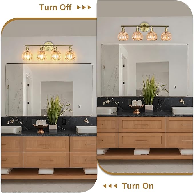 Vintage Bathroom Light Fixtures,4-Light Hardwired Vanity Lights with Amber Tulip Glass Shade,Gold Bathroom Vanity Light for Mirror Restroom,E26 Socket,25.2 in(Bulbs Not Included)