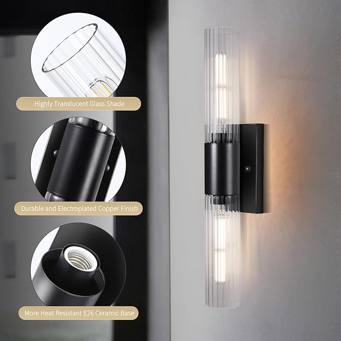 21" Bathroom Vanity Sconces Set of 2, Black Hardwired Wall Sconces Set of Two with Threaded Glass Shade, Modern Up Down Wall Decor Set of 2 for Bathroom Living Room Bedroom Hallway-Bulb Not Included ﻿