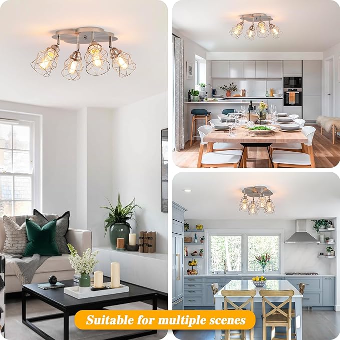 Kitchen Light Fixtures Ceiling Mount, Adjustable Semi Flush Mount Ceiling Light, Multi-Directional Lamp for Kitchen, Hallway, Dining Room, Farmhouse with E26 Base (Brushed Nickel 4-Light)