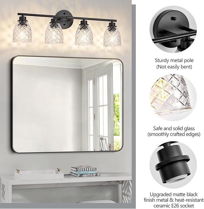 4-Light Bathroom Light Fixtures, Modern Black Vanity Light Over Mirror, Wall Sconce with Clear Hammered Glass Shades, E26 Base (Bulbs Not Included)