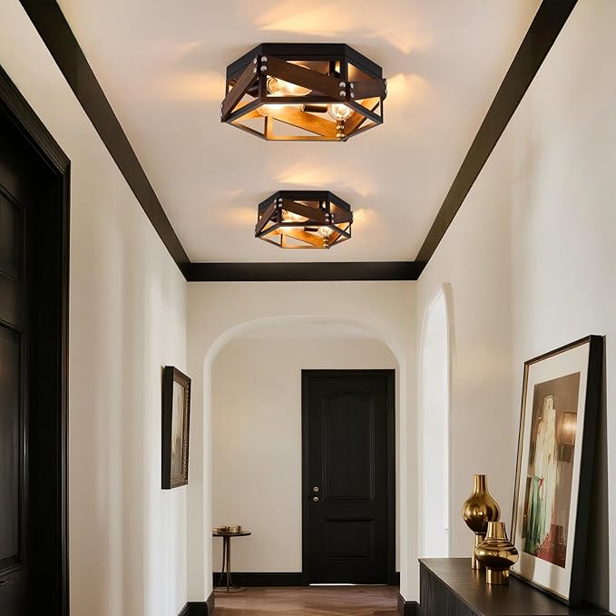 Farmhouse Flush Mount Ceiling Light, 3-Light Hallway Lights with Metal and Wood, Industrial Kitchen Light Fixtures Ceiling Mount, Rustic Black Chandelier for Bedroom Living Room Bathroom