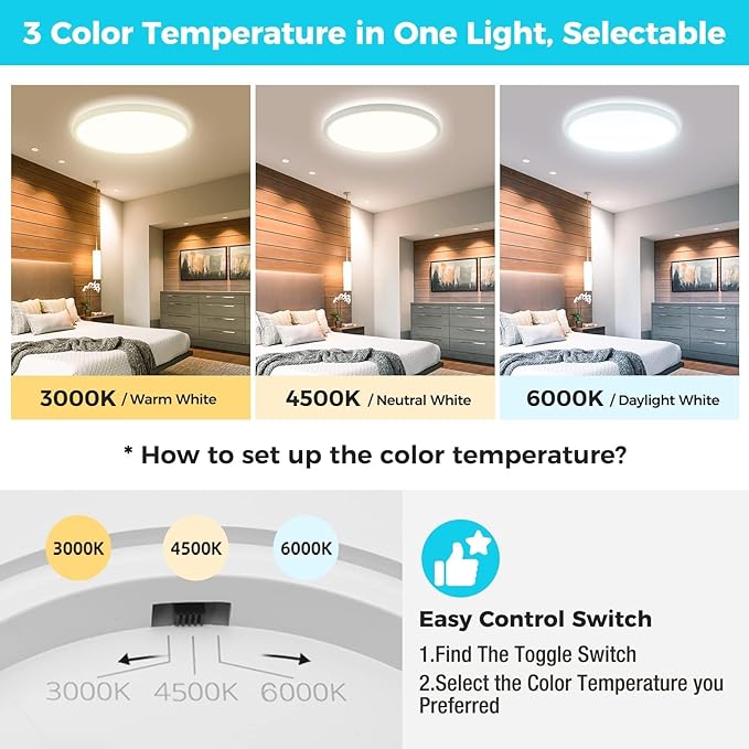 libtit 6 Pack 13 Inch LED Flush Mount Ceiling Light, 3200LM 28W Ultra-Slim LED Ceiling Lights, 3000K/4500K/6000K Selectable Light Fixture for Bedroom, Kitchen, Bathroom, Hallway - White