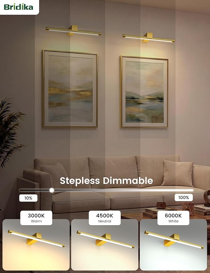 Metal Picture Light for Wall, Battery Operated Art Lighting for Paintings, Wireless Wall Lights for Picture with Remote&Timer, 3 Color Temperatures Dimmable Gallery Light for Artwork Portrait Gold 2