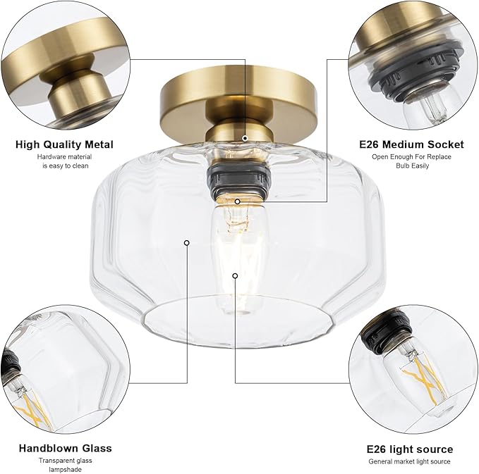 Tbaoinal Semi Flush Mount Ceiling Light with Diamond Glass Shade, 36-Faceted Panels Create Starburst Effect, 1200LM LED Bulb Included Brushed Gold Finish Ideal for Hallway Entryway Kitchen Bathroom