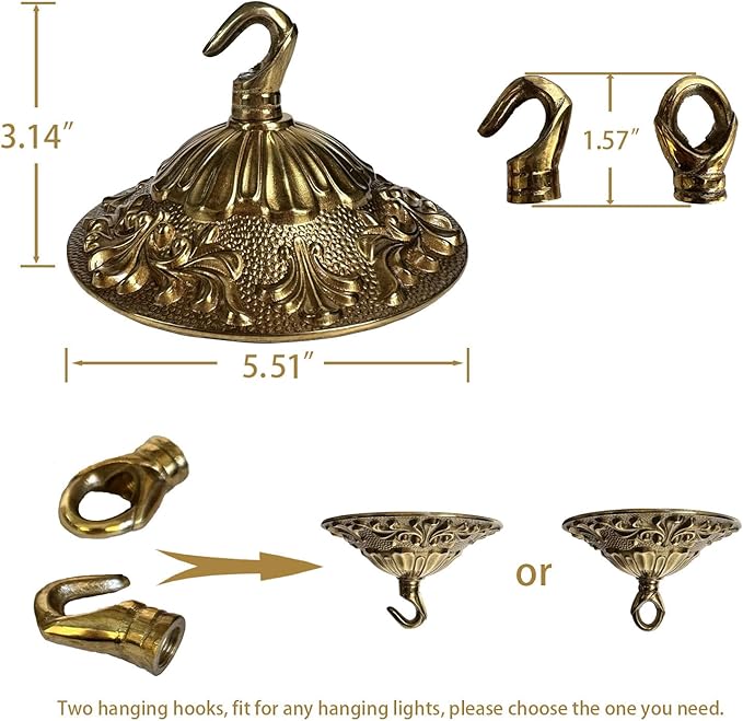 5.51 Inches Diameter Brass Light Canopy Kit with Hooks, Heavy Duty Replacement Ceiling Light Cover Plate, Antique Chandelier Replacement Parts with Mounting Hardware (Brass, A-01)
