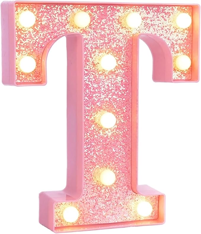 Pink Marquee Light Up Letters, Glitter Alphabet LED Letter Lights for Pink Birthday Party Decorations, Battery Operated Letter Sign for Girls Room Vanity Table Decor, Warm White Lights Letter T