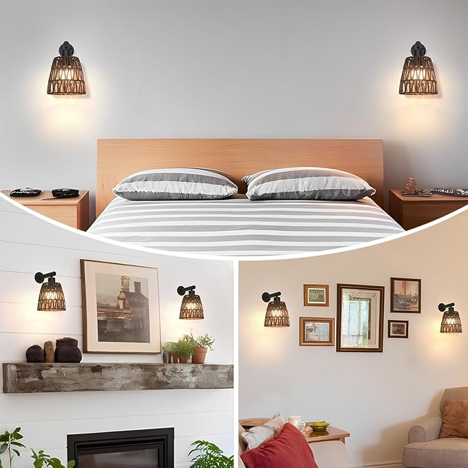 Boho Battery Operated Wall Sconce Set of 2, Brown Rattan Rechargeable Wall Lights with Dimmable Bulbs and Remote,15 Colors Wireless Wall Lamps for Bedroom Living Room Hallway Decor