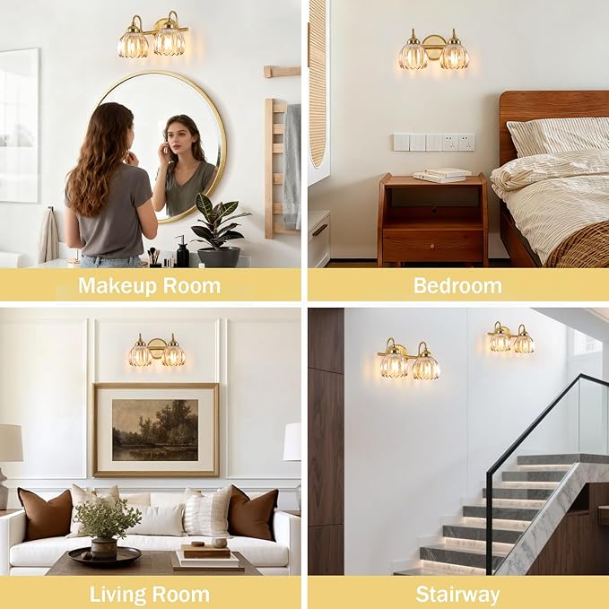 Vintage Bathroom Light Fixtures, Brass Vanity Lights with Amber Tulip Glass Shade, Vanity Sconces for Bathroom Bedroom Living Room Hallway, 2-Light
