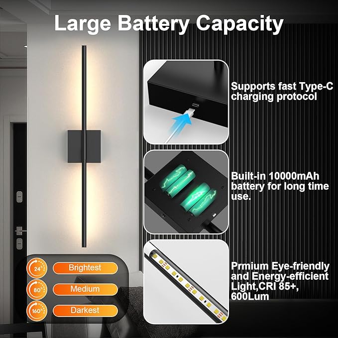 Tartek Battery Operated Wall Sconces Set of Two, Rechargeable Wall Lights with Remote Control, Dimmable 3000K-6000K LED Wall Lamp, 360°Rotate, Long Wireless Sconces for Living Room, Bedroom
