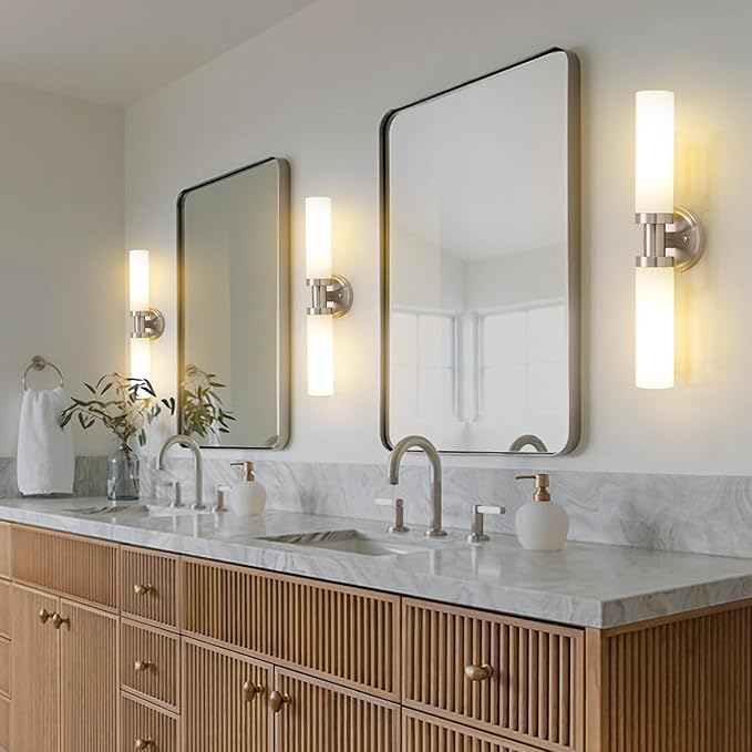 SANTOSTOCK Brushed Nickel Bathroom Light Fixtures, 2-Light Vanity Lights W/White Glass Shade, Modern Sconces Wall Lighting for Mirror Kitchen Bedroom Hallway Living Room, E26 T10 Bulbs(Excluded)