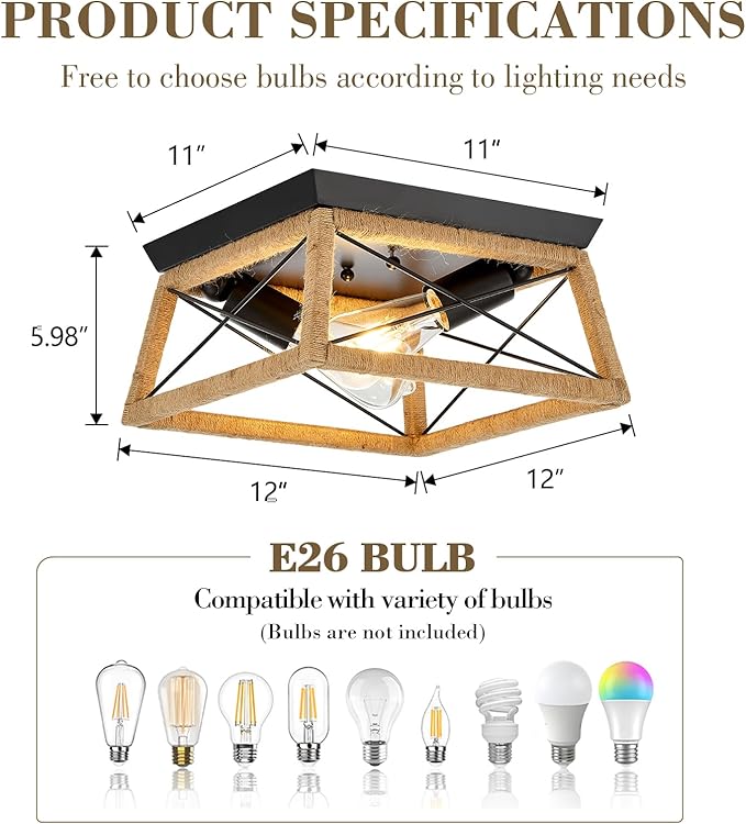 Boho Rattan Ceiling Light Fixture 2-Light Flush Mount Ceiling Light with Rattan Wood Shade Farmshouse Ceiling Lamp Fixture for Hallway Entryway Kitchen Sink Dining Room Bedroom