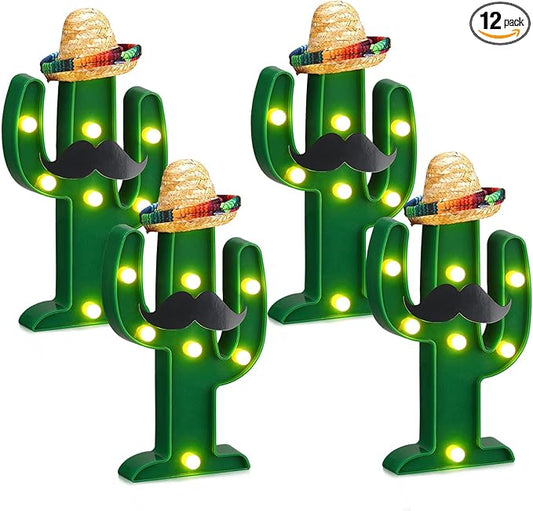 Fiesta Mexican Party Decoration LED Cactus Light with Mini Sombrero Straw Hats and Fake Beard Cinco De Mayo May 5th Table Decor Mexican Party Supplies for Fiesta Taco Table Room Bedroom Decor(12 Pcs)