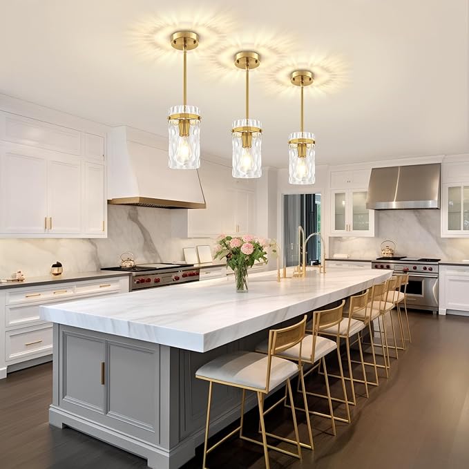 3 Pack Brushed Gold Pendant Lights Kitchen Island, Hammered Glass Kitchen Pendant Lighting Over Island Adjustable Hanging Bathroom Light Fixtures Modern Pendant Light for Dining Room Hallway Foyer