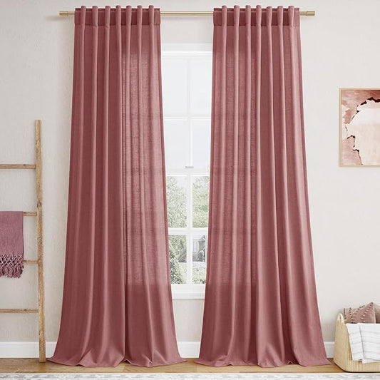 Canyon Rose Linen Curtains for Living Room 126 Inches Long Light Filtering Semi Sheer Curtain Back Tab Modern Farmhouse Decor Boho Girl Drapes Floor to Ceiling High Window for Bedroom 52x126, 2 Panels