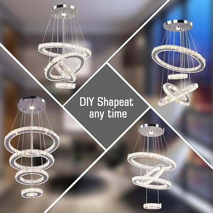 Crystal Chandeliers Modern LED Rings Pendant Light Adjustable Stainless Steel Ceiling Light Fixture for Living Room Dining Room Bedroom(Multicolor,Non-dimmable or Fix Color)