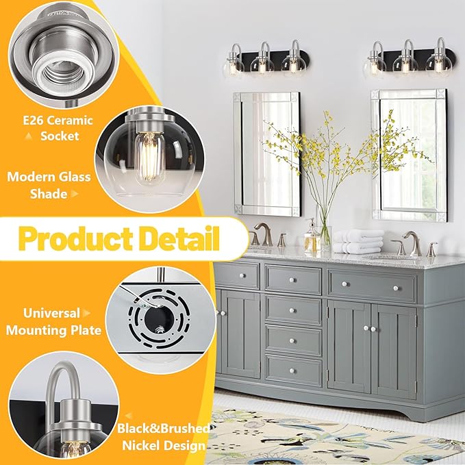 Dpyrrhic Modern 3-Light Vanity Light, Bathroom Lighting Fixture Over Mirror With Clear Glass Shade and Metal Base, Matte Black and Brushed Nickel